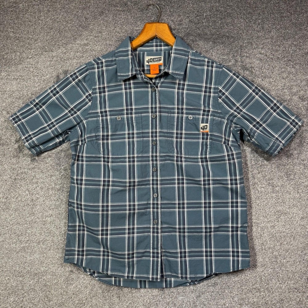 40 Grit Duluth Trading Shirt Mens M Blue Plaid Short Sleeve Cotton Button Down